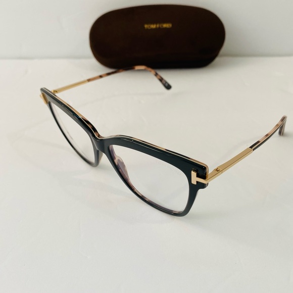 Tom Ford 5704 005 Shiny Black Gold / Blue Block Eyeglasses TF5704 005 54mm
